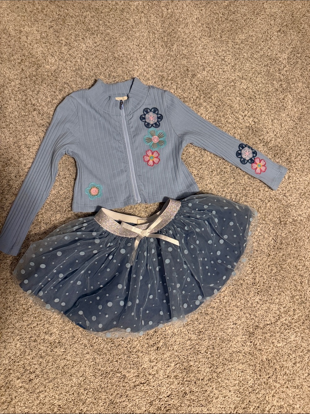 Peek Aren’t You Curious- Light Blue Cardigan with
Polka Dot Tulle Skirt